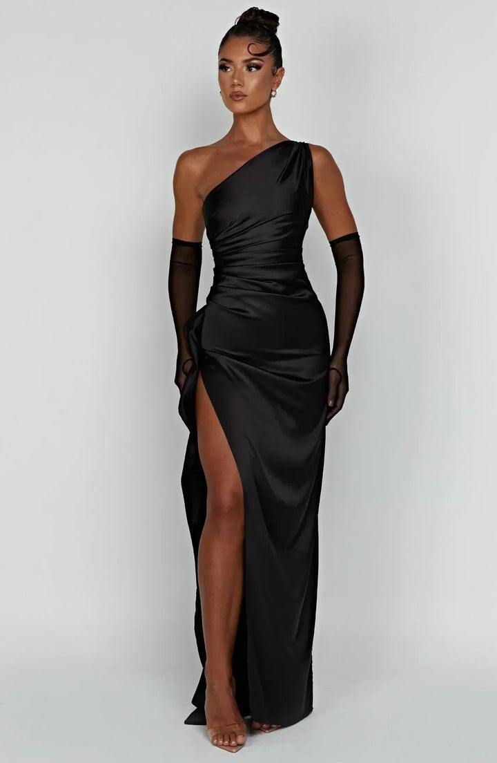Falten Satin Schlitzkleid