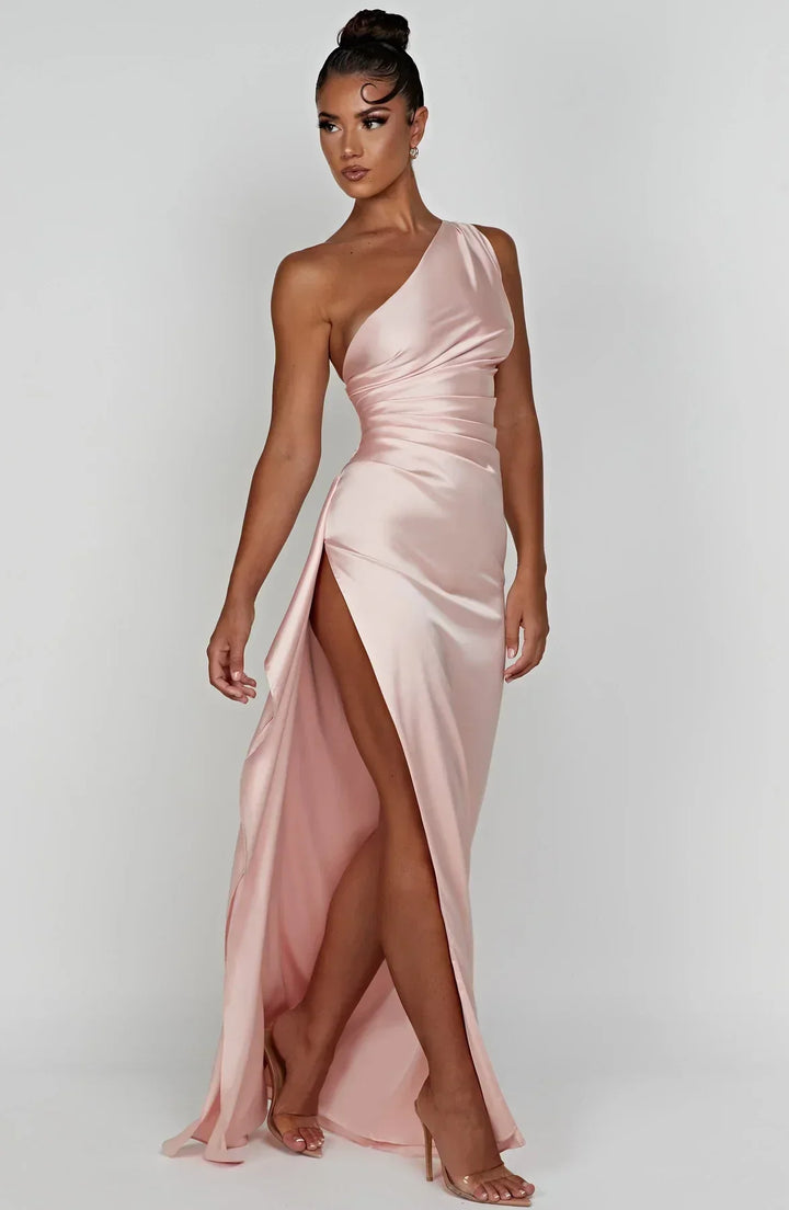 Falten Satin Schlitzkleid