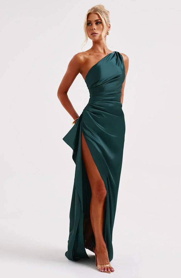 Falten Satin Schlitzkleid