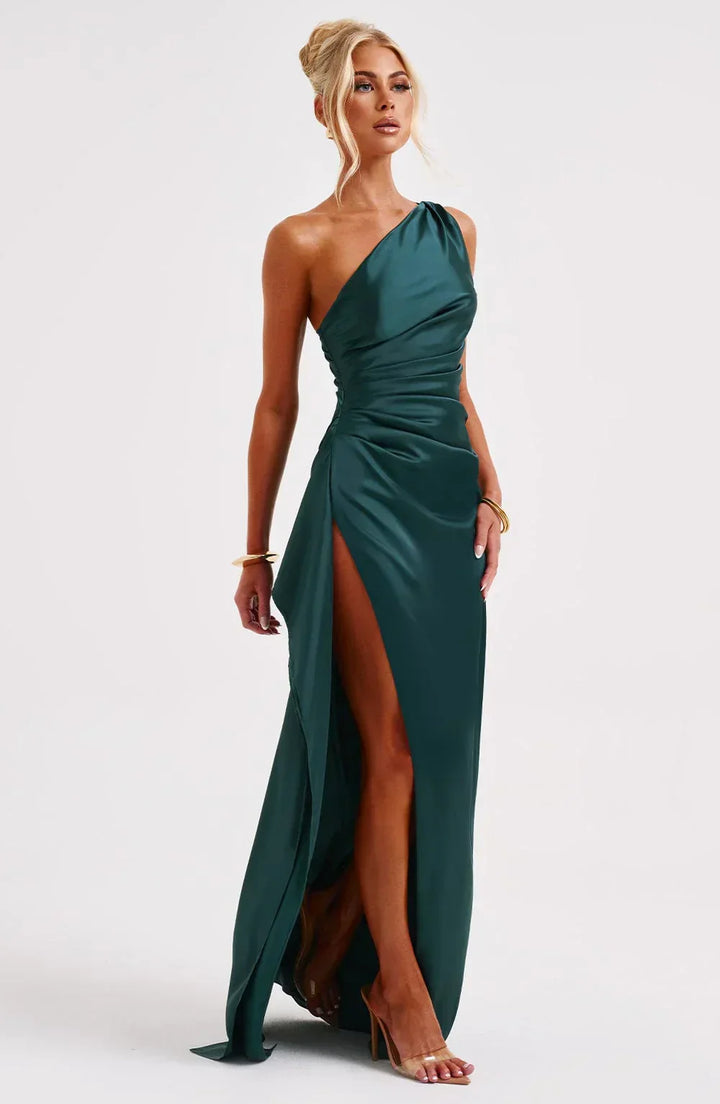 Falten Satin Schlitzkleid