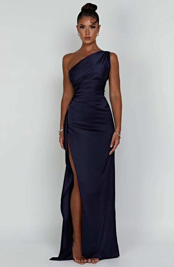 Falten Satin Schlitzkleid