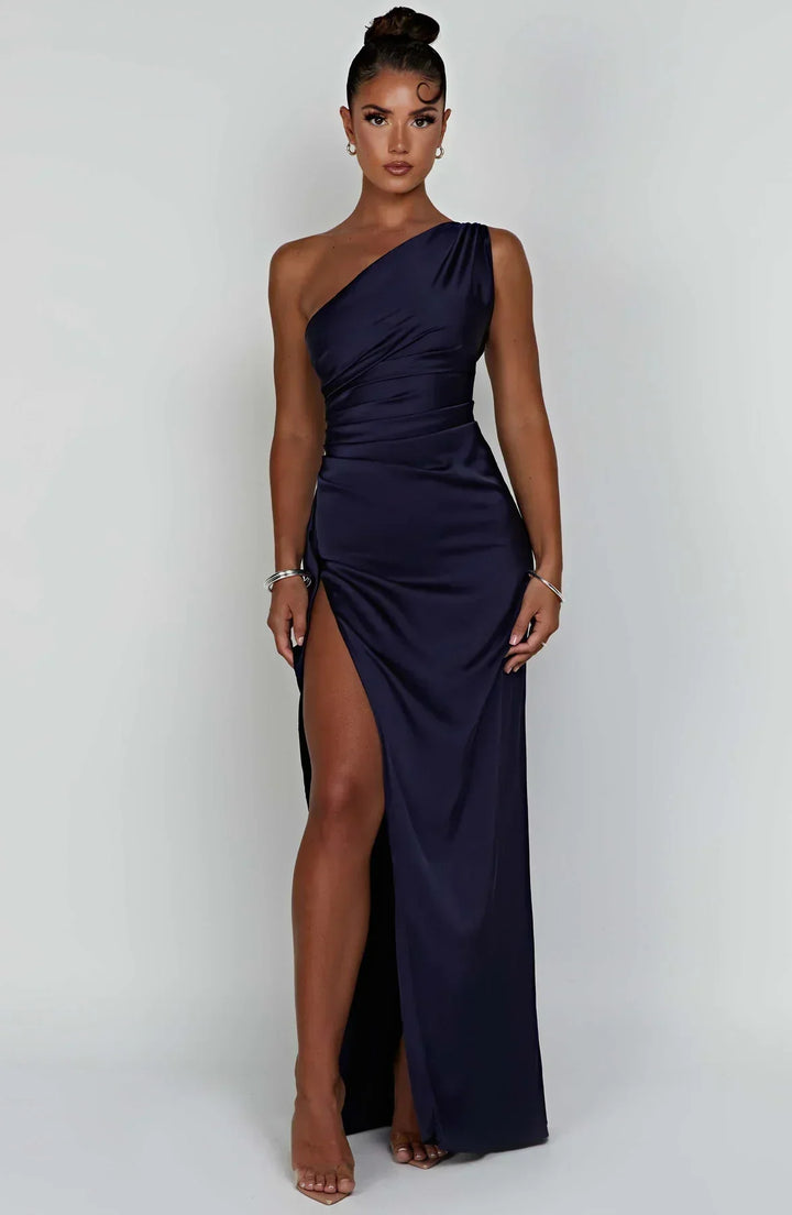 Falten Satin Schlitzkleid