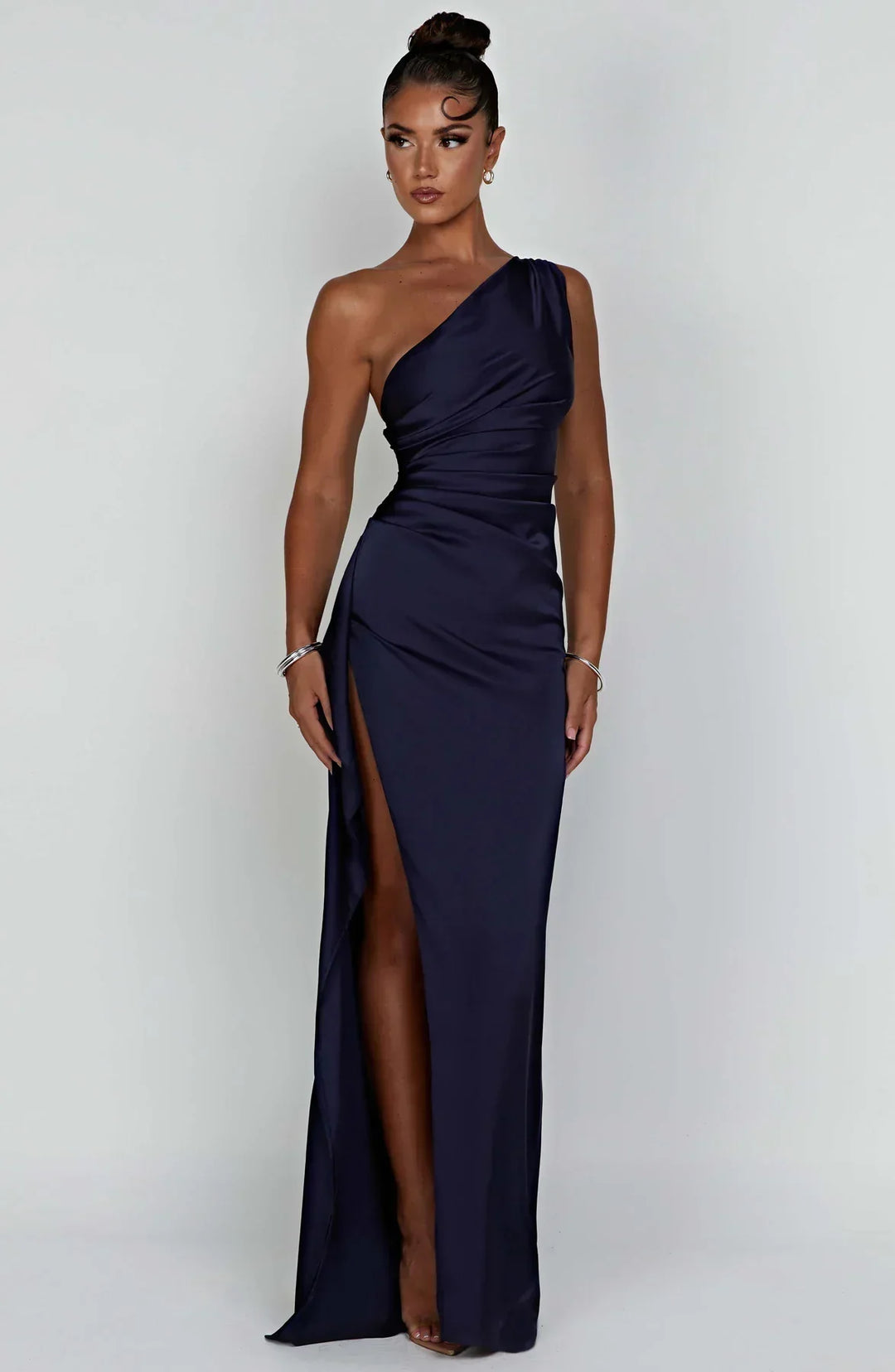 Falten Satin Schlitzkleid