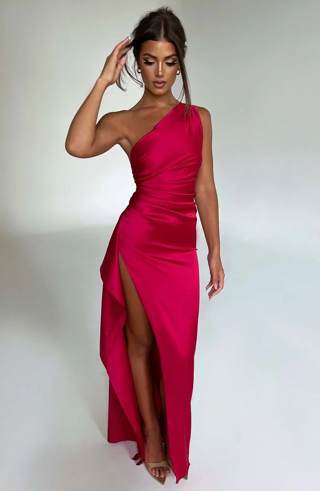 Falten Satin Schlitzkleid