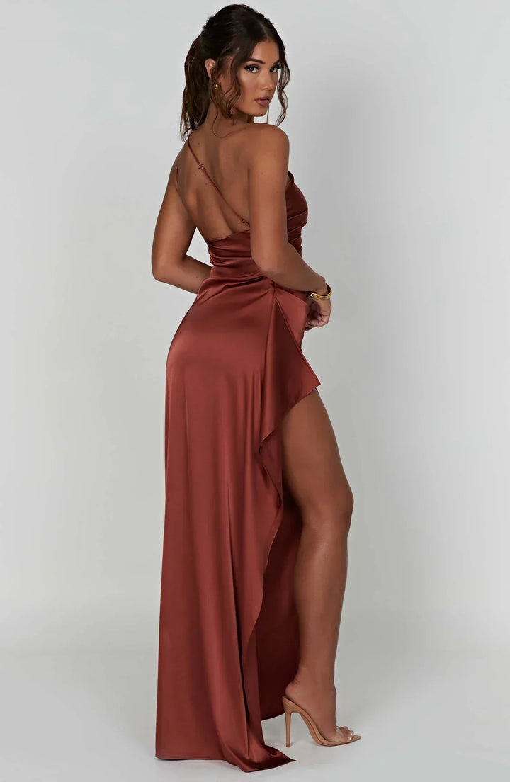 Falten Satin Schlitzkleid