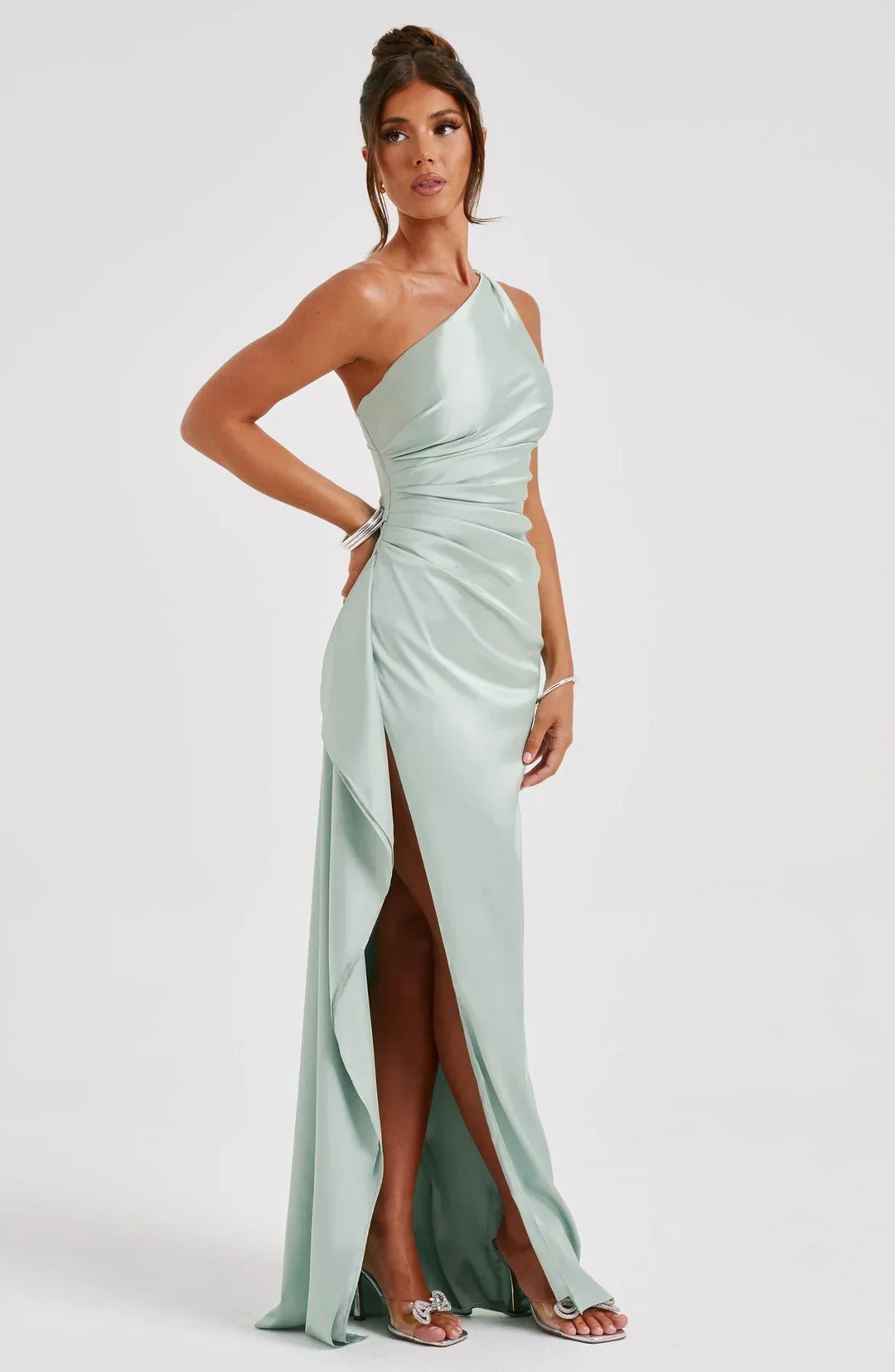 Falten Satin Schlitzkleid