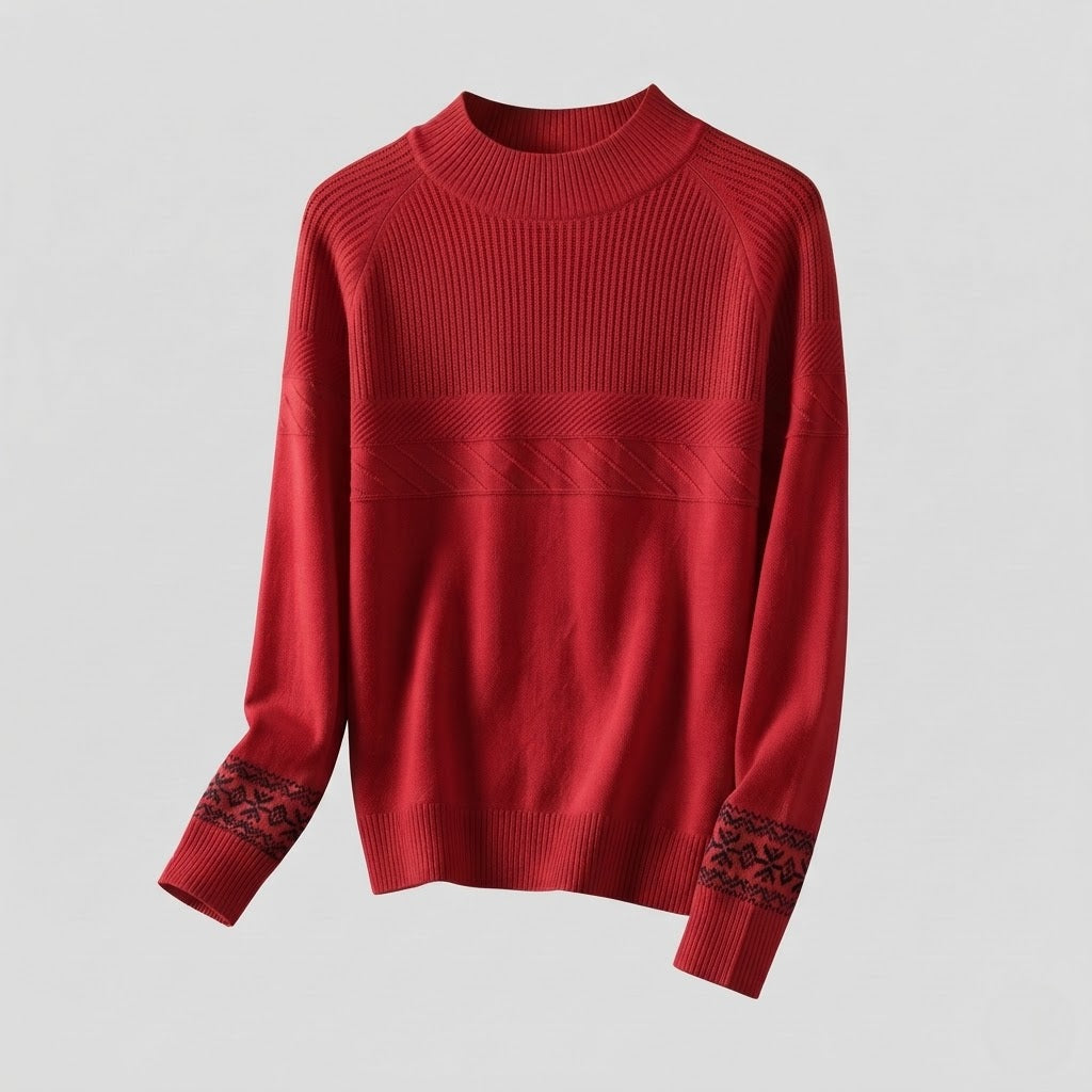 Damen Feinstrick-Pullover mit kurzem Stehkragen, strukturierter Passe und Norweger-Motiv am Ärmelsaum Nord Taschen