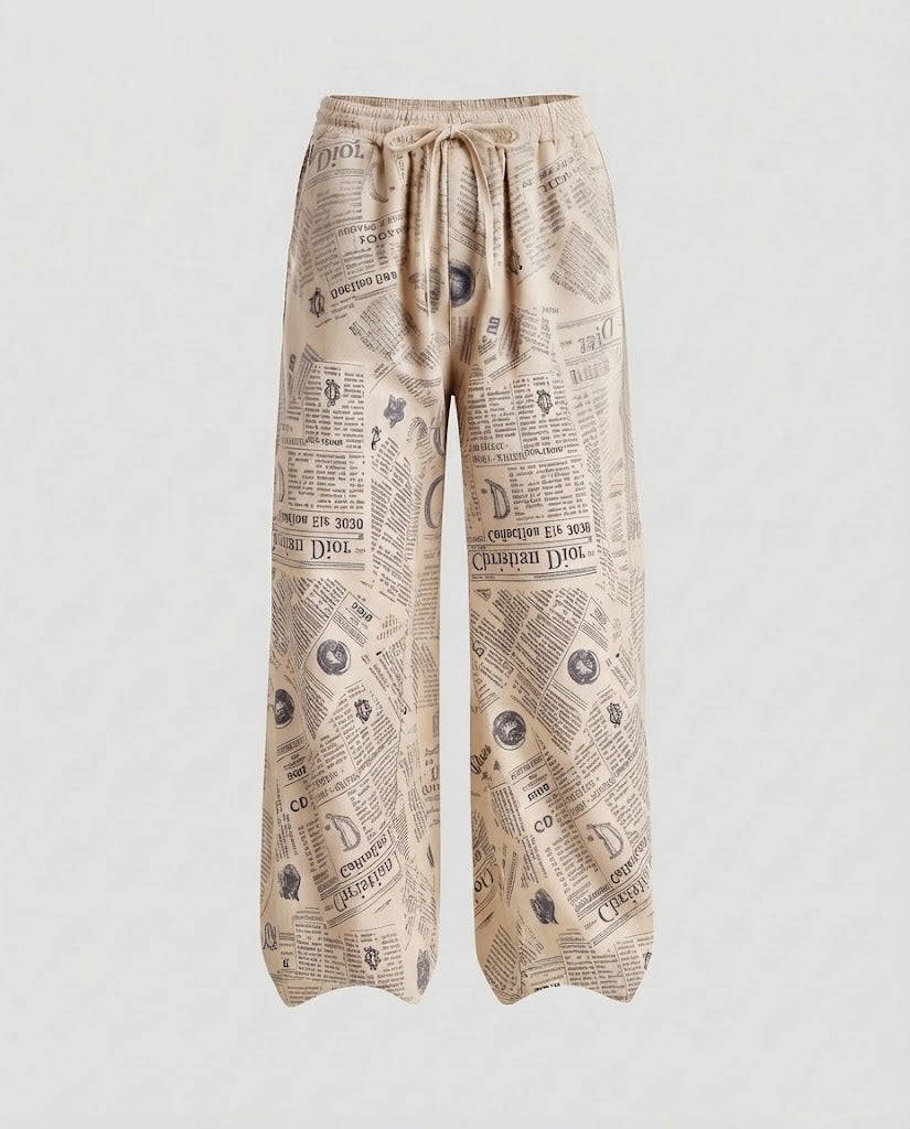 Damen Weite Cord-Palazzo-Hose mit Allover Zeitungsprint und Rippstruktur Nord Taschen