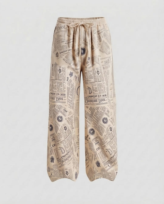 Damen Weite Cord-Palazzo-Hose mit Allover Zeitungsprint und Rippstruktur Nord Taschen