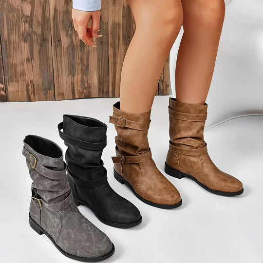 Vintage Schnalle Strap Western Ankle Boots für Frauen