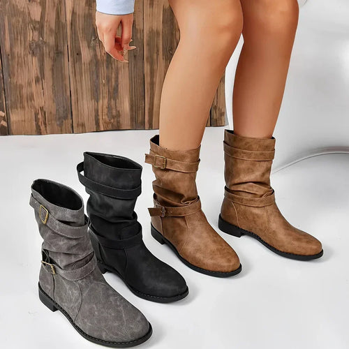 Vintage Schnalle Strap Western Ankle Boots für Frauen