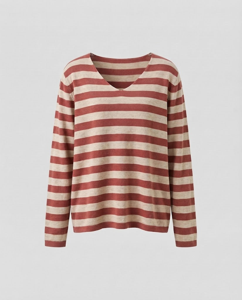 Damen Gestreifter Feinstrickpullover mit V‑Ausschnitt und lässiger Oversize‑Passform Nord Taschen