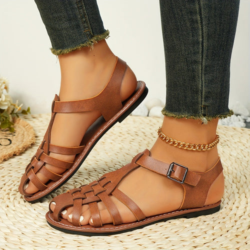 GewNord Taschente Flache Sandalen für Damen Vintage Stil, Geschlossener Zeh, Schnallenverschluss
