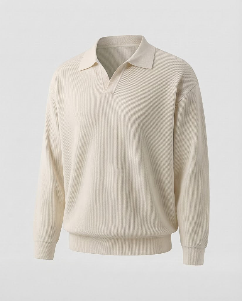 Herren Feines Struktur-Strick-Poloshirt mit offenem V-Kragen und gerippten Bündchen Nord Taschen