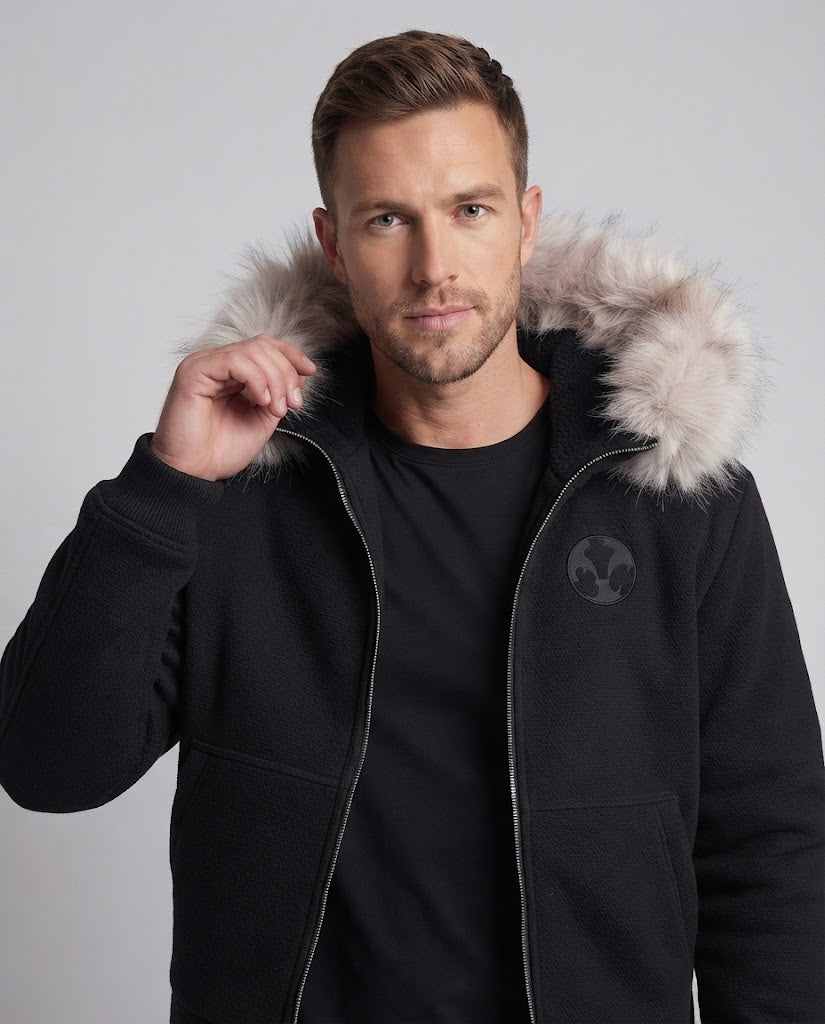 Herren Kapuzenzipjacke aus Teddyfleece mit abnehmbarem Kunstfellkragen und Kängurutasche Nord Taschen
