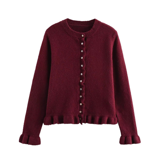 Rüschen Frauen Cardigan mit Knöpfen, Schickes Schichted Oberteil