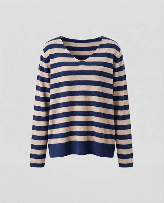 Damen Gestreifter Feinstrickpullover mit V‑Ausschnitt und lässiger Oversize‑Passform Nord Taschen