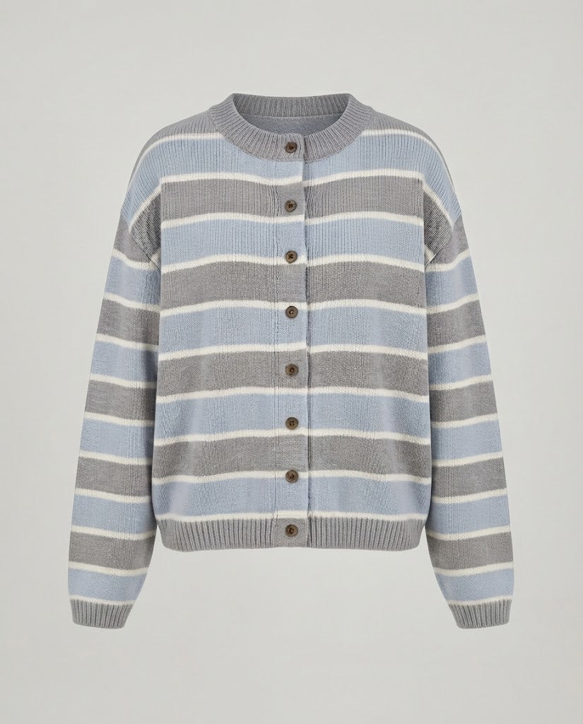Damen Kurze Feinstrick-Cardigan mit Horizontalstreifen und Knopfleiste Nord Taschen
