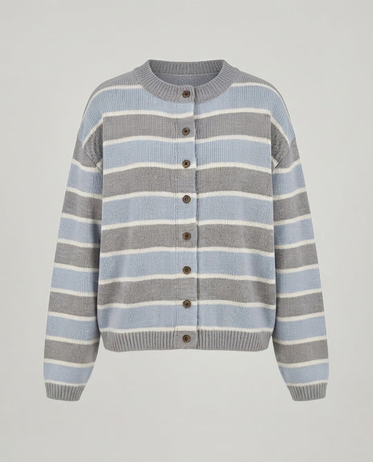 Damen Kurze Feinstrick-Cardigan mit Horizontalstreifen und Knopfleiste Nord Taschen