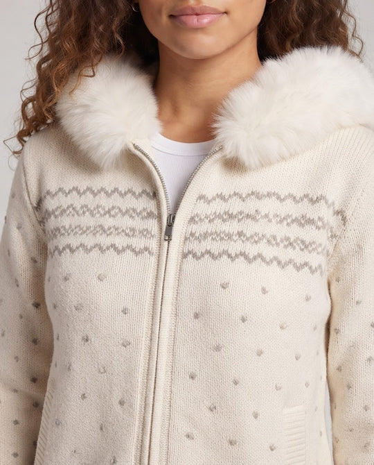 Damen Gefütterte Strickjacke mit Reißverschluss und Kunstfellkapuze Nord Taschen