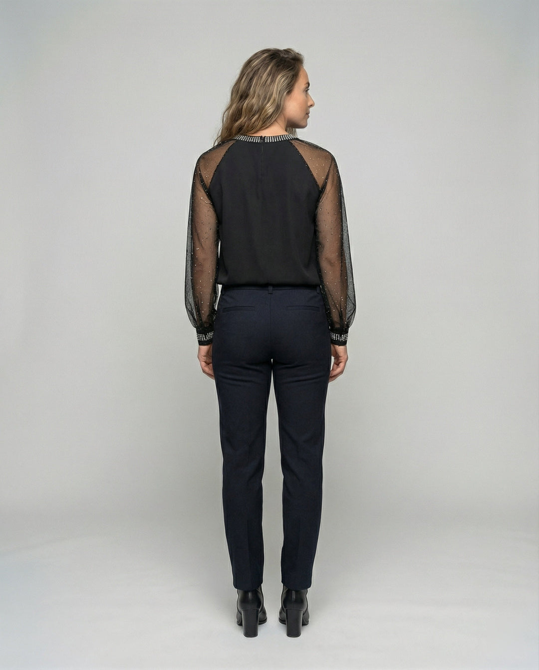 Nord Taschen Damen Mesh-Bluse mit Strassbesatz und transparenten Ärmeln