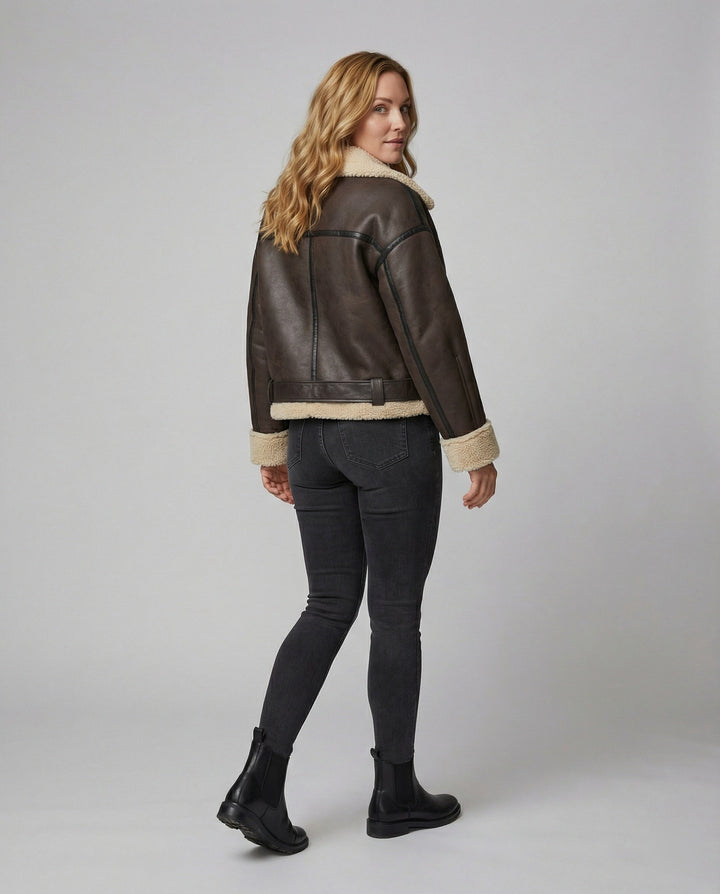 Damen Lederjacke mit Teddyfutter und Gürtel