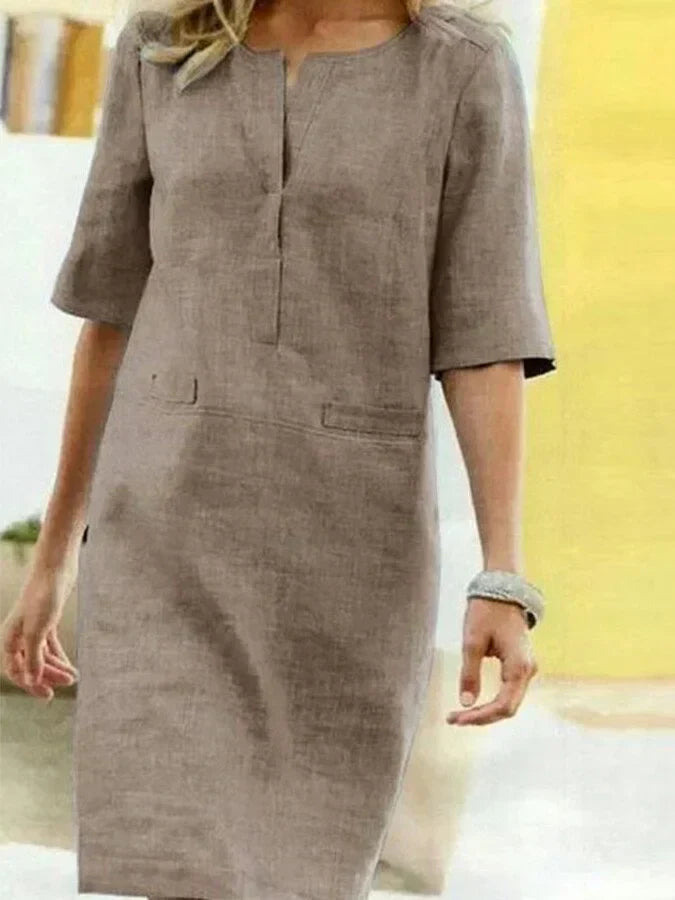 Damen Kurzarm Baumwolle und Leinen Kleid