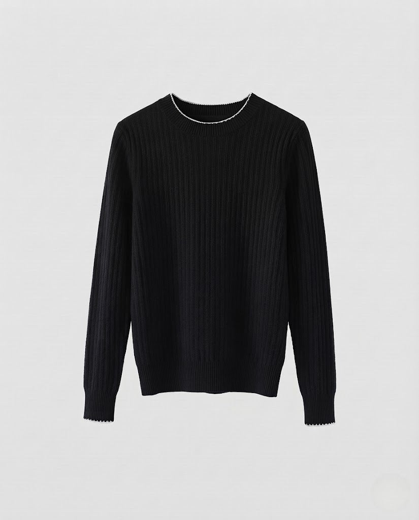 Damen Feiner Rippenstrick-Pullover mit kontrastierter Kantenverzierung und legerer Silhouette Nord Taschen