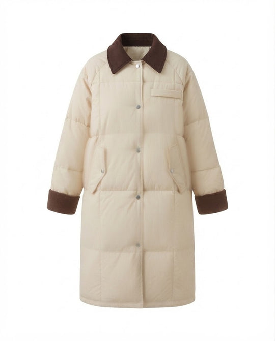 Damen langer gesteppter thermomantel mit kontrastierendem Kordelkragen, verdecktem Druckknopfverschluss und oversized Schnitt