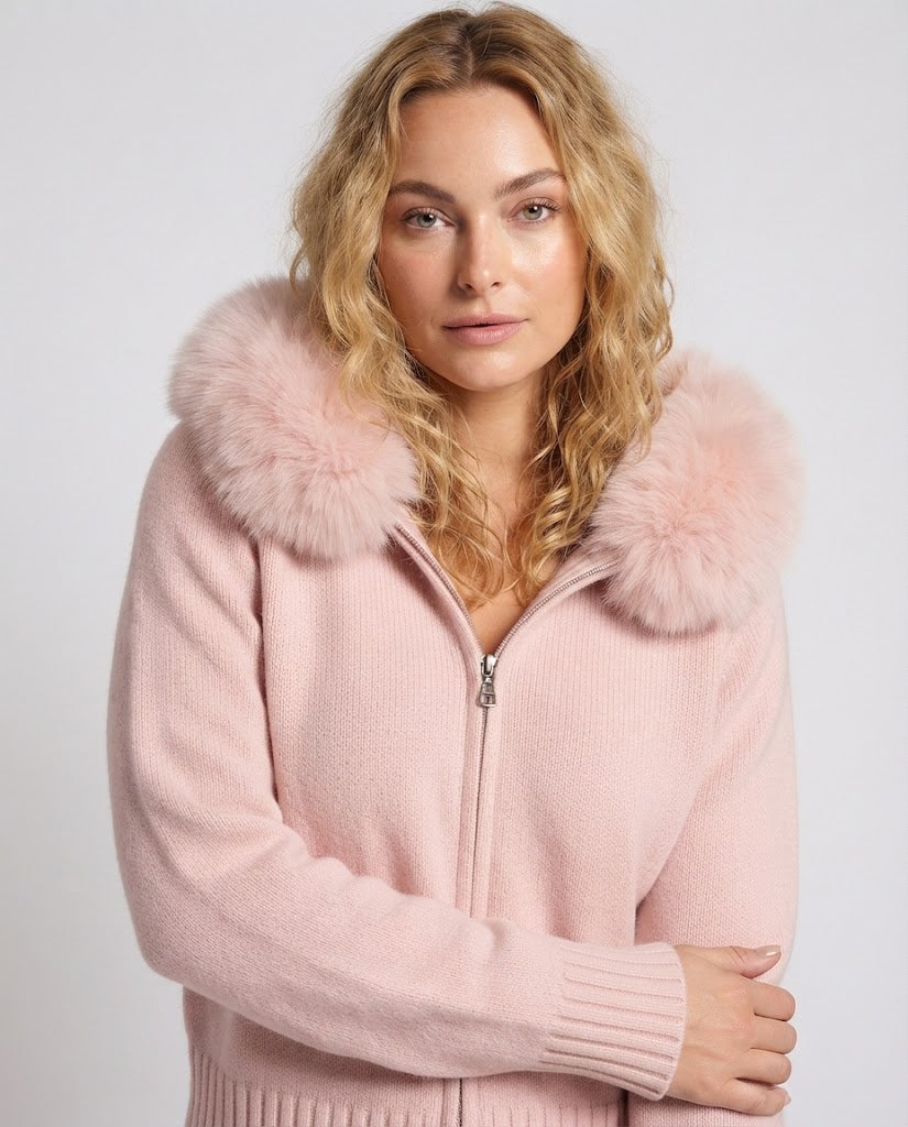 Damen Kurze Wollstrickjacke mit Reißverschluss und abnehmbarem Fellbesatz an der Kapuze Nord Taschen