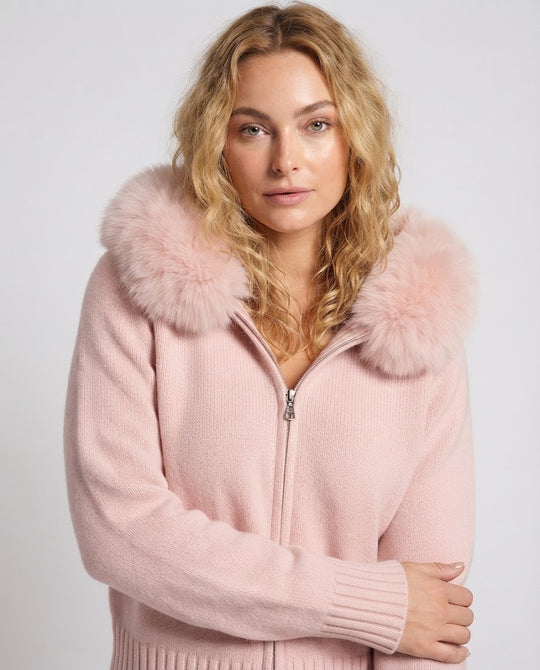 Damen Kurze Wollstrickjacke mit Reißverschluss und abnehmbarem Fellbesatz an der Kapuze Nord Taschen