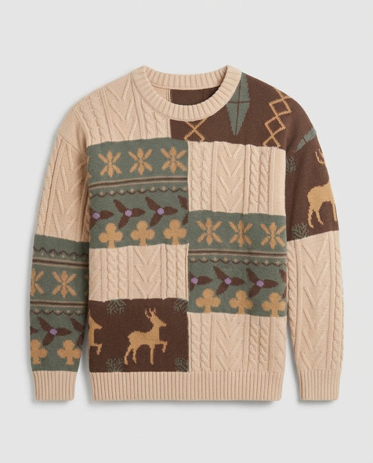 Herren Oversized Grobgestrickter Intarsia-Pullover mit Norweger- und Zopfmuster Nord Taschen