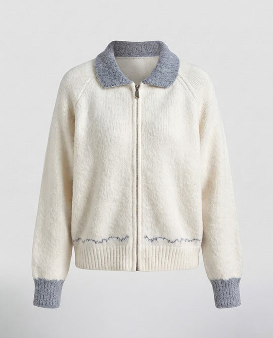Damen Kurz geschnittene Teddy-Strickjacke mit Reißverschluss, Kontrastkragen und gerippten Bündchen Nord Taschen
