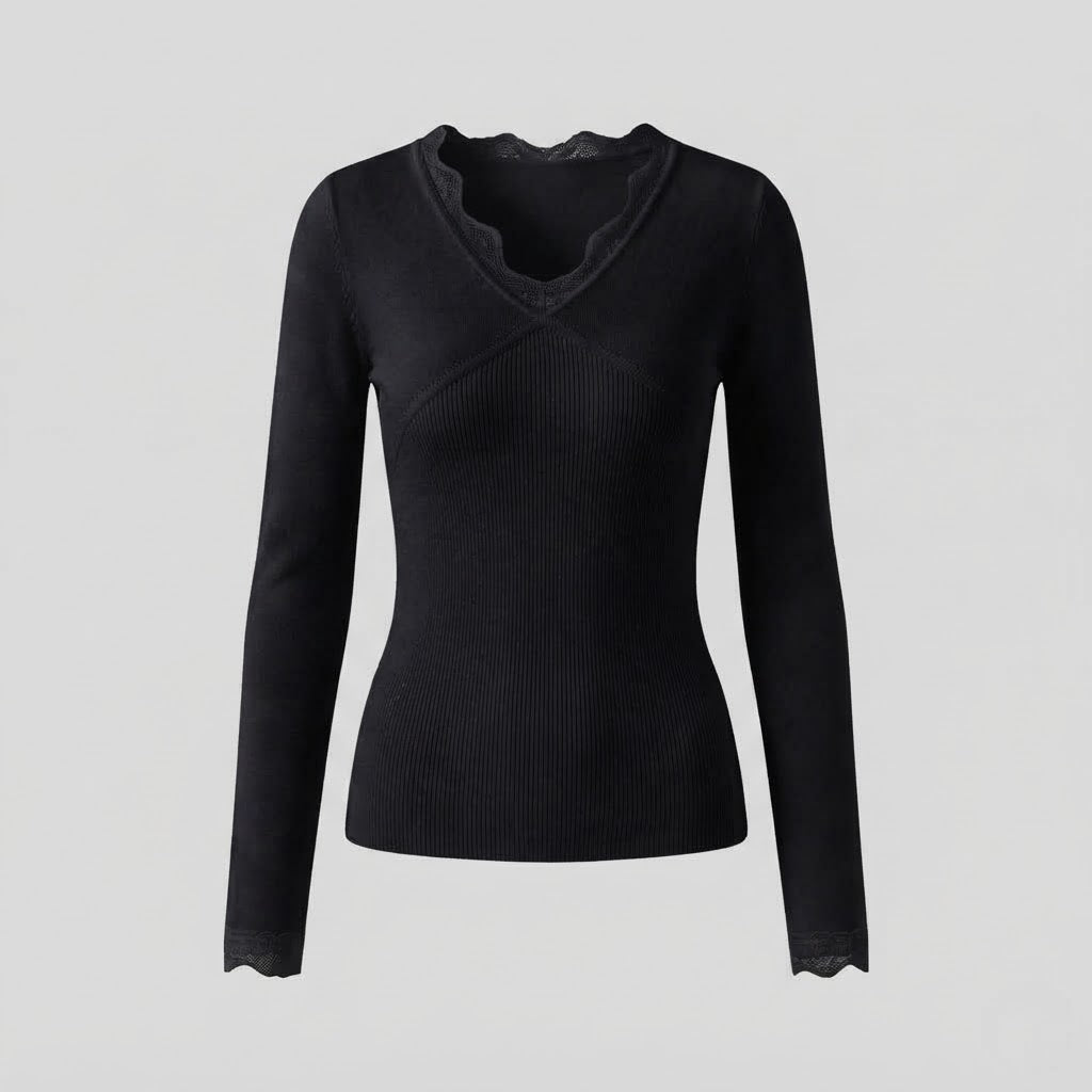 Damen figurbetont feiner Strickpullover mit Spitzen-V-Ausschnitt und langen Ärmeln Nord Taschen