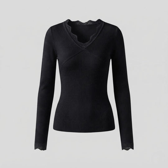 Damen figurbetont feiner Strickpullover mit Spitzen-V-Ausschnitt und langen Ärmeln Nord Taschen