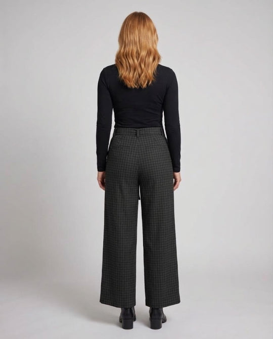 Damen Weite High-Waist-Hose mit Karomuster, Tunnelzug und Bundfalten Nord Taschen