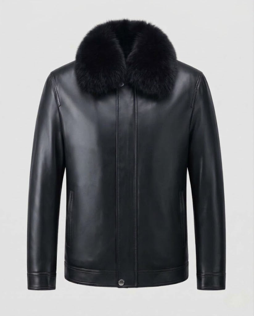 Herren Luxuriöse kurz geschnittene Lederblouson‑Jacke mit abnehmbarem Fellkragen Nord Taschen