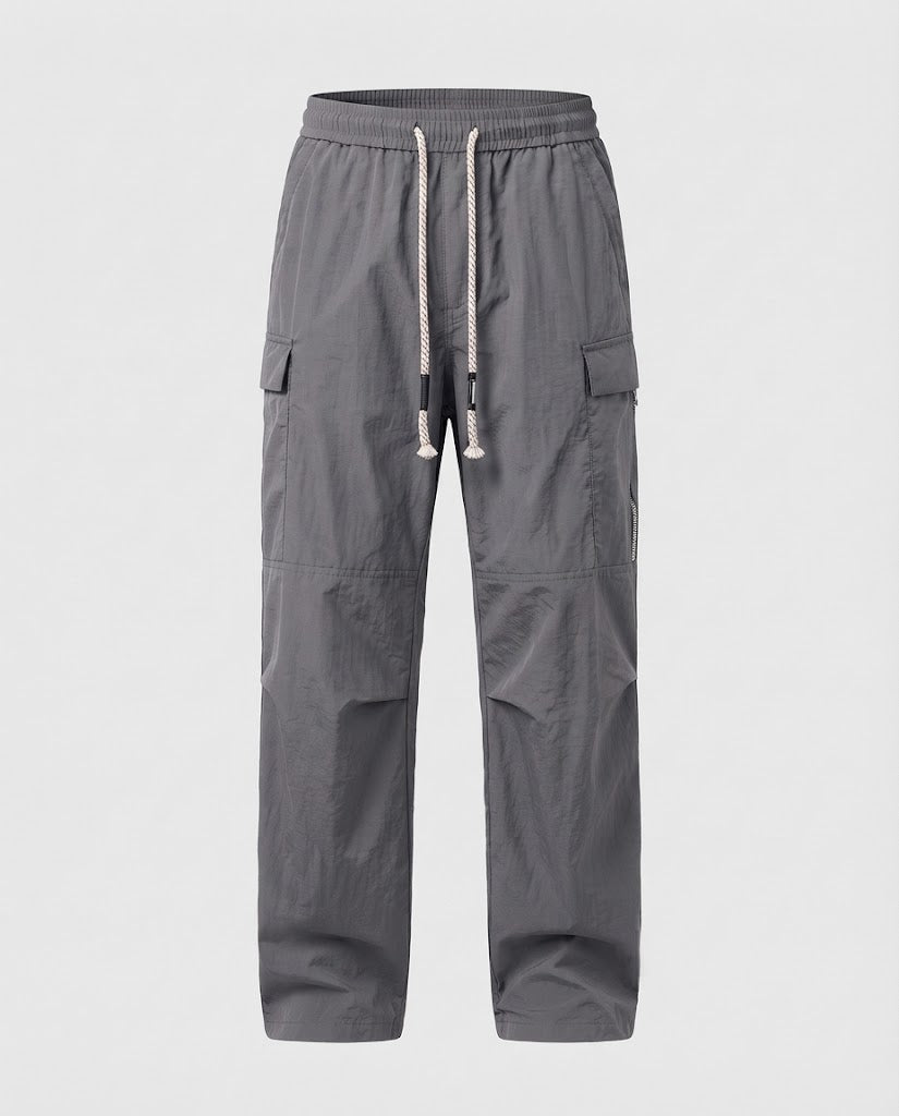 Herren Weite Nylon-Baggy-Cargohose mit Kordelzug und Zipper-Tasche Nord Taschen