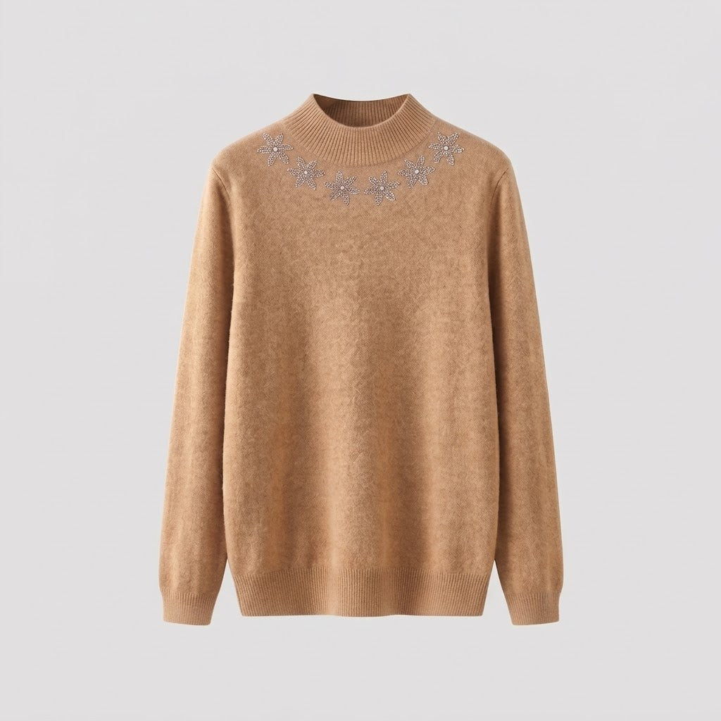 Damen Feinstrick-Mockneckpullover mit funkelnder Blüten-Strassapplikation Nord Taschen