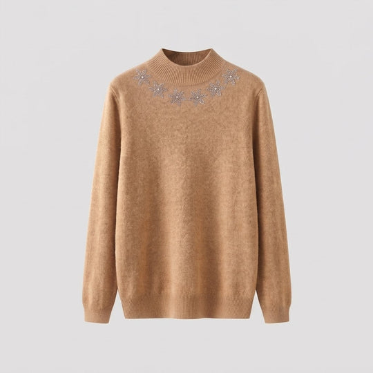 Damen Feinstrick-Mockneckpullover mit funkelnder Blüten-Strassapplikation Nord Taschen