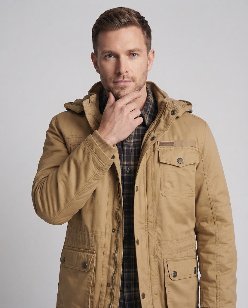 Herren warmer Canvas-Parka mit Teddyfutter Kapuze und Mehrfachtaschen Nord Taschen