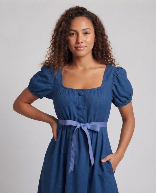 Frauen Elegantes Maxikleid mit Puffärmeln und Taillengürtel Nord Taschen