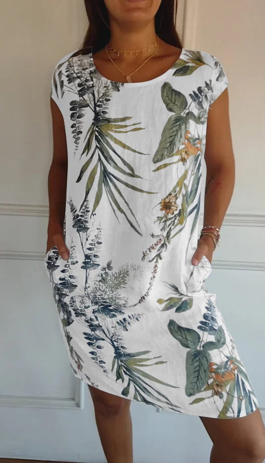 Damen Bedrucktes Baumwoll- und Leinenkleid