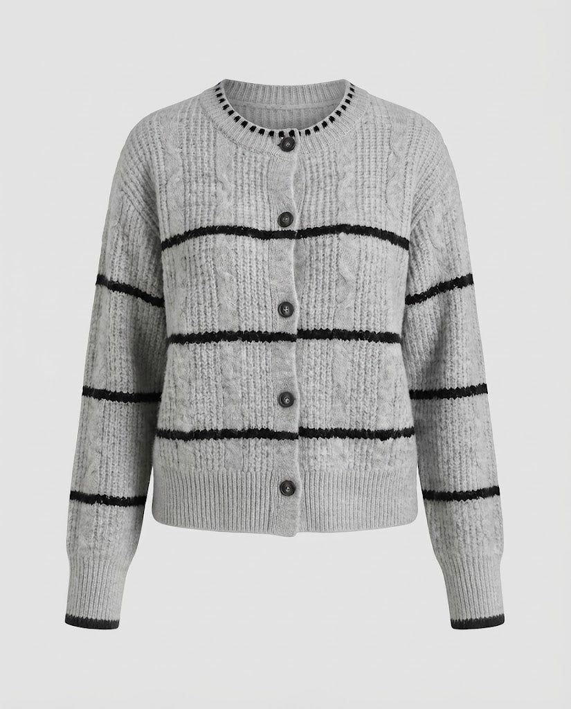 Damen Grobgestrickte Knopf-Cardigan mit Streifenstruktur und Rundhalsausschnitt Nord Taschen