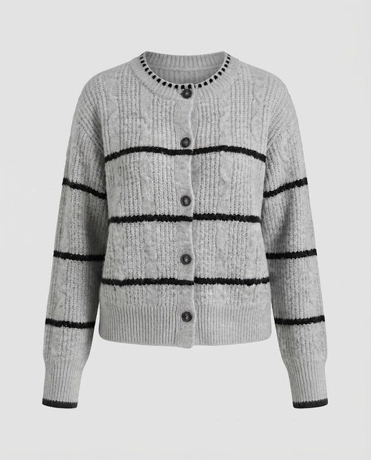 Damen Grobgestrickte Knopf-Cardigan mit Streifenstruktur und Rundhalsausschnitt Nord Taschen