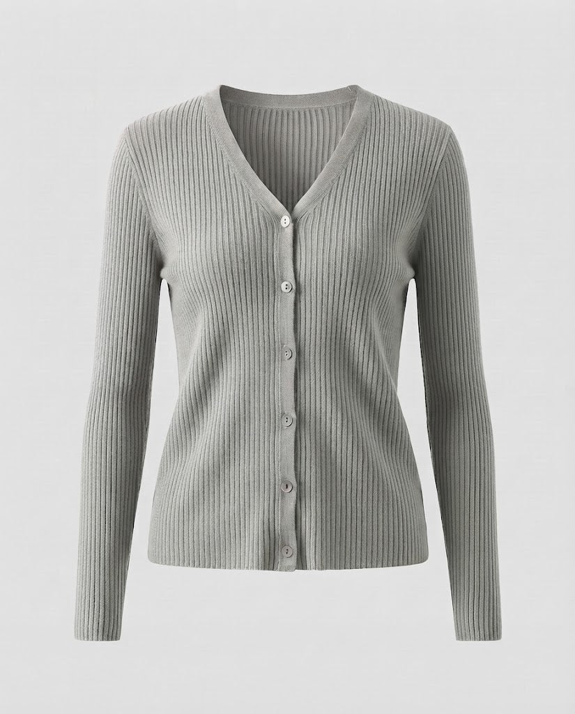Damen Feiner gerippter V‑Neck-Cardigan aus Kaschmir‑Optik mit stretchiger Rippstruktur und Perlmuttknöpfen Nord Taschen
