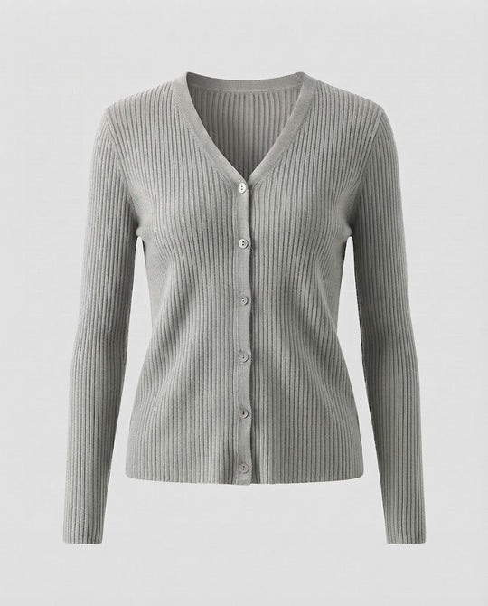 Damen Feiner gerippter V‑Neck-Cardigan aus Kaschmir‑Optik mit stretchiger Rippstruktur und Perlmuttknöpfen Nord Taschen
