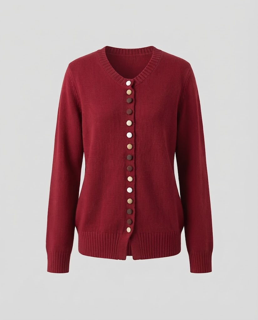 Damen Feiner V-Ausschnitt-Cardigan mit mehrfarbigen Zierknöpfen und geripptem Saum Nord Taschen