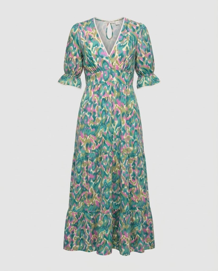 Damen Leichtes Maxikleid mit V‑Ausschnitt, Taillenraffung und Stufenrock Nord Taschen