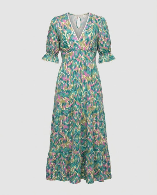 Damen Leichtes Maxikleid mit V‑Ausschnitt, Taillenraffung und Stufenrock Nord Taschen